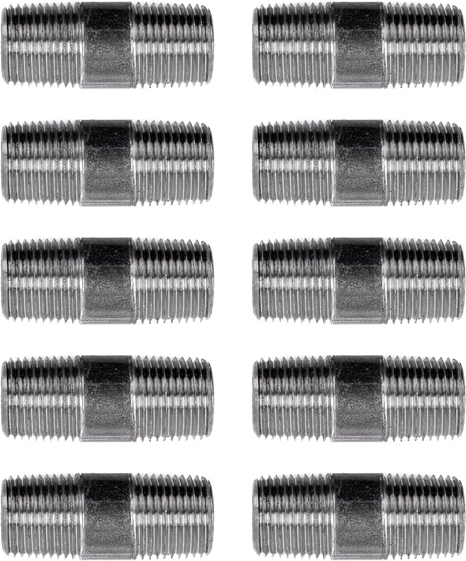 PIPE DÉCOR 1/2” x 2” Malleable Cast Iron Pipe Nipple, Pre Cut Connectors, Industrial Steel Grey Fits Standard Half Inch Black Threaded Pipes Nipples and Fittings, Build Vintage DIY Furniture, 10 Pack