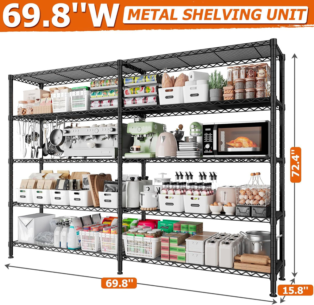 REIBII 1600LBS Storage Shelves Metal Shelving 5 Tier Wire Shelving Unit, 69.8" W Pantry Shelves Kitchen Shelves Adjustable Wire Shelf for Garage Storage Shelves, 69.8" Wx15.8 Dx72.4 H, Black