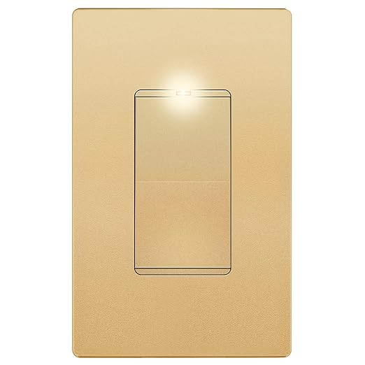 LIDER Minimalist Design Matte Finish Lighted Decorator Switch with Screwless Wall Plate, Frameless Paddle Light Switch with Locator Light, 3-Way, Grounding Screw, 15A 125V, UL Listed, Gold