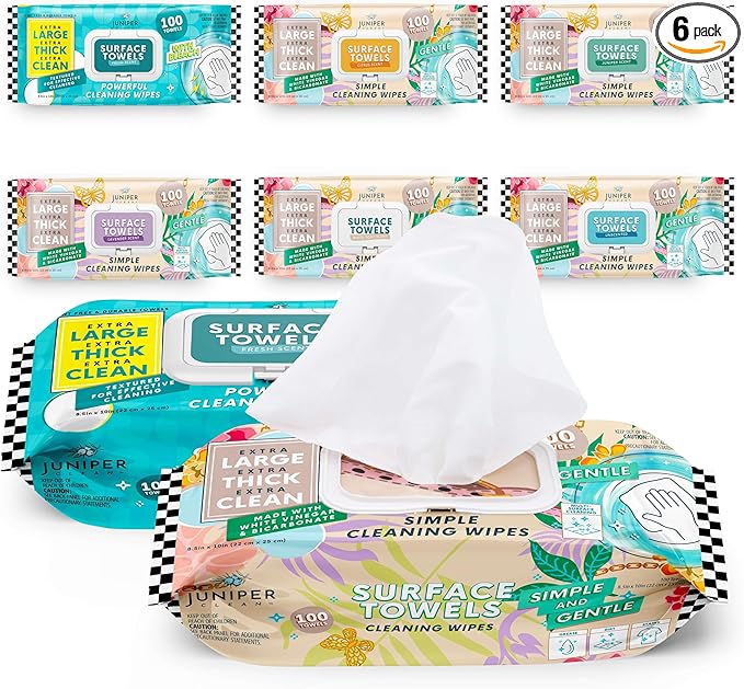 6 Packs Surface Cleaning Wipes, Thick & Large Dispose, All-Purpose Cleaner for Bathroom, Kitchen, Office, 100 Count Soft Flow, Biodegradable, Mix Scent