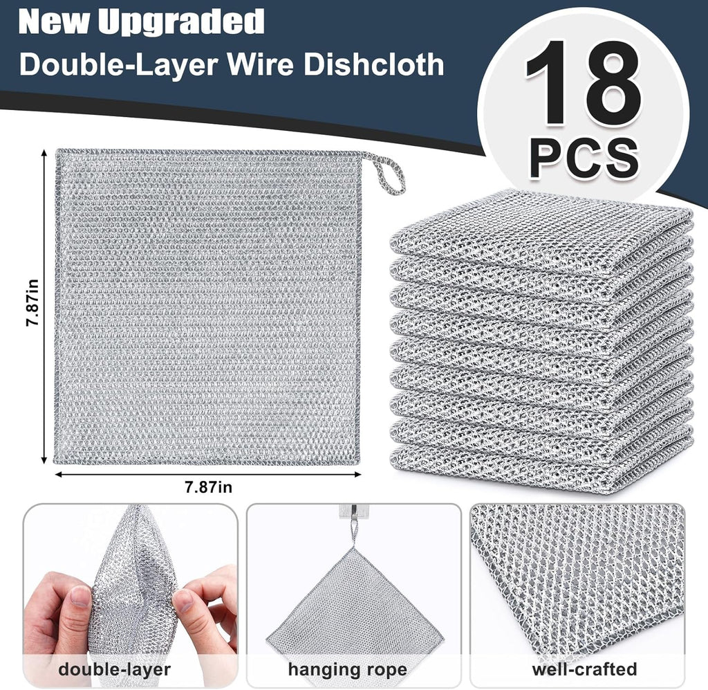 Navona 18 Pcs New Upgrade Steel Wire Dishcloth, Double-Layer Multipurpose Dishwashing Rag, Powerful Cleaning Non-Scratch Dishcloth Rag for Cookware, Sinks, Dishes, Stove Tops