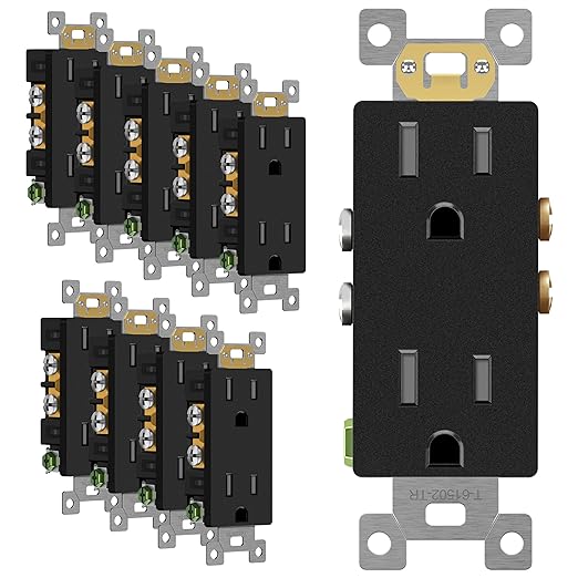 ENERLITES 10 Pack Matte Black Decorator Receptacle, Standard Electrical Wall Outlet, 15A 125V, Self-Grounding, 2-Pole, 3-Wire, 5-15R, UL Listed, 61502-TR-MBK, Tamper Resistant