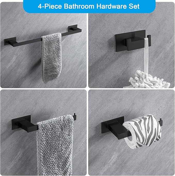 4-Pieces Bathroom Hardware Accessories Set, Towel Rack Towel Bar Toilet Paper Holder Towel Hook Self Adhesive Stainless Steel Towel Rack Set for Bathroom Wall Mounted, Matte Black 16 Inch