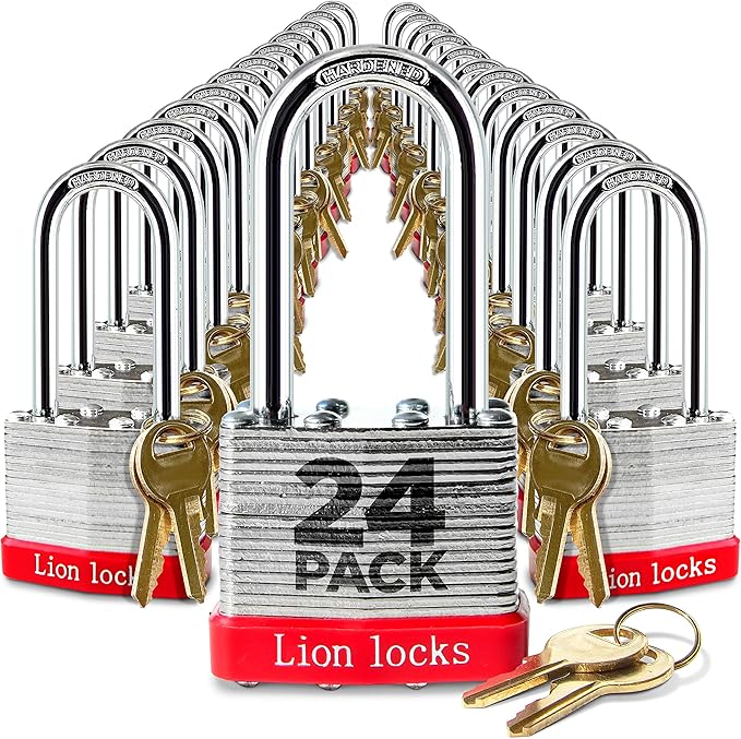 Lion Locks 24 Keyed Alike Padlocks with 2" Long Shackle, 48 Keys - Padlocks for Outdoor Use, Locks with Keys, Hardened Steel Case, Pick Resistant Brass Pin Cylinder for Hasp Latch, Locker, Gate