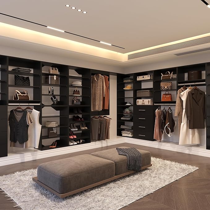 Modular Closet System, 60" Wide Closet Organizer System with Hanging and Drawers, Wood Tower Closet Storage for Walk In Closets, Wall Mounted Wardrobe Organizer Kit System, Bedroom, Black