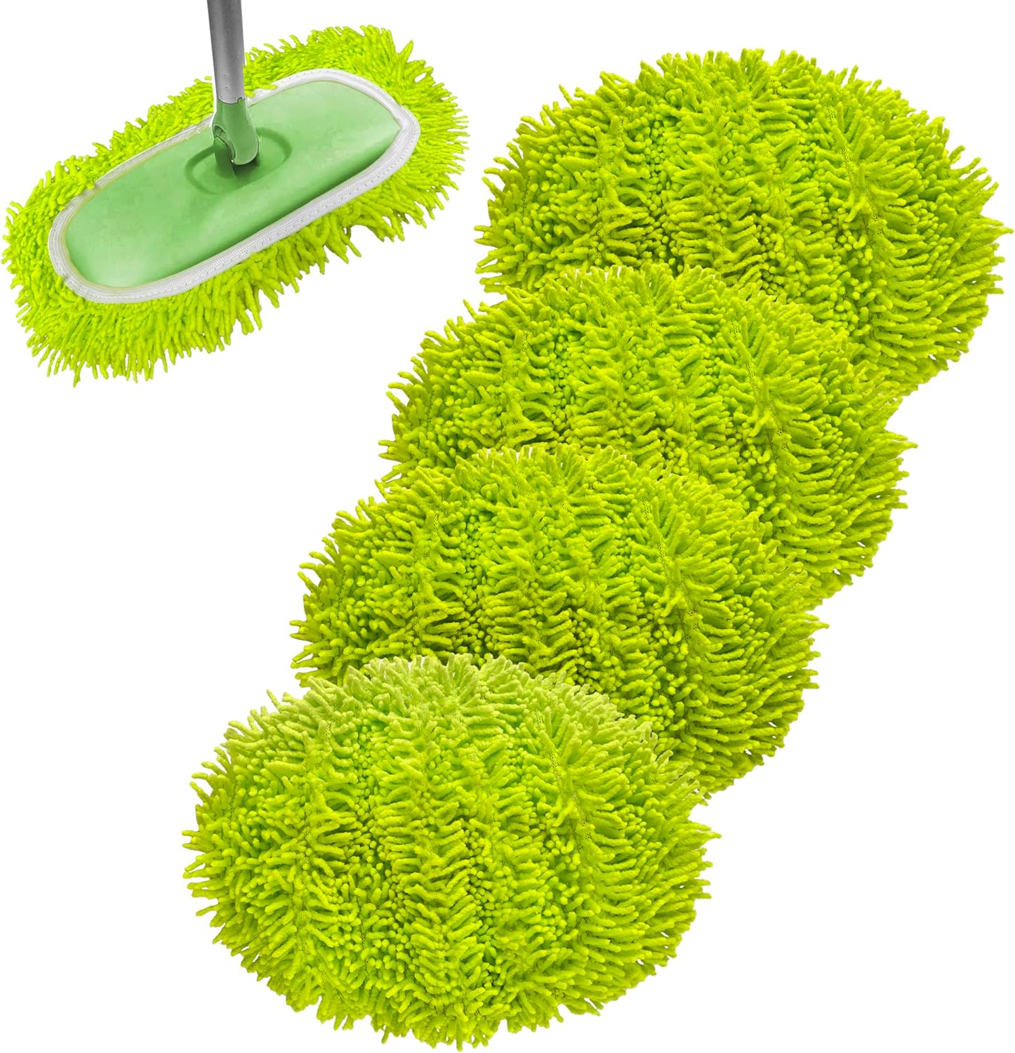 Reusable Microfiber Chenille Mop Pads Compatible with Swiffer Sweeper, Dry Sweeping Cloths & Wet Mopping Cloths, Refills for Hardwood Surface Floor Cleaning, 4 Pack (Green)