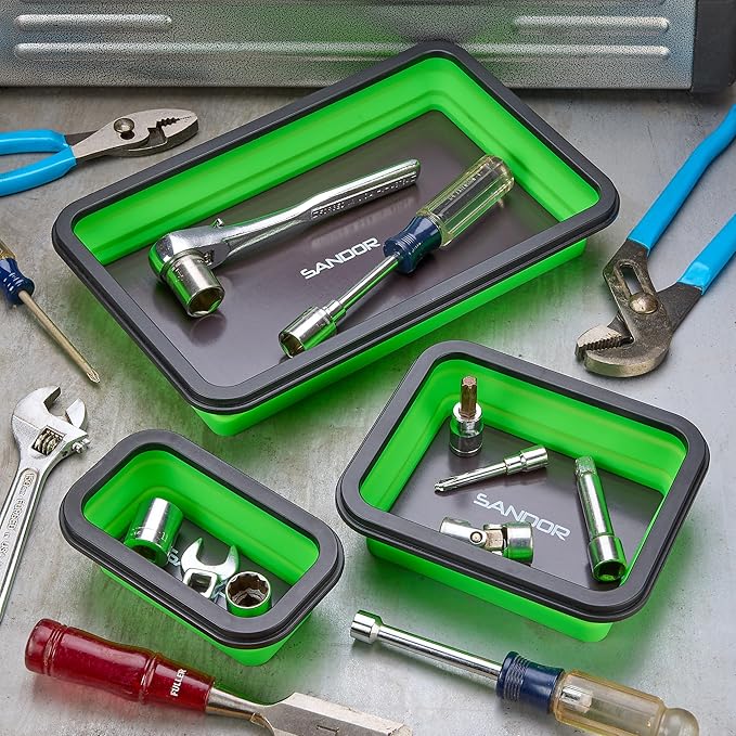Collapsible Magnetic Parts Tray Set - 3 Different Size Tool Trays for Screw, Bolts, Nuts, Washers, Pins and Other Small Metal Parts, Mechanic Tool Gifts for Men - Green
