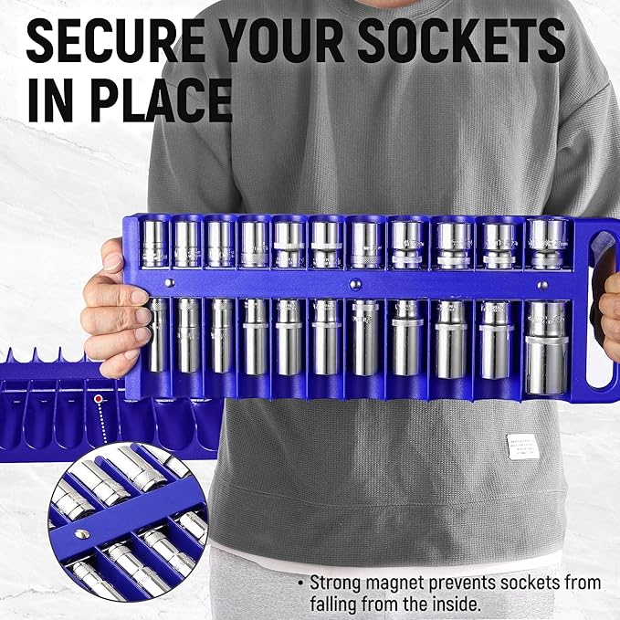 Magnetic Socket Organizer Set, 3-Piece Blue Portable Magnetic Socket Holder Tray, Heavy Duty Socket Racks For 1/2-inch& 3/8-inch& 1/4-inch Drive, Hold 76 Sockets - Fit Shallow&Deep Sockets