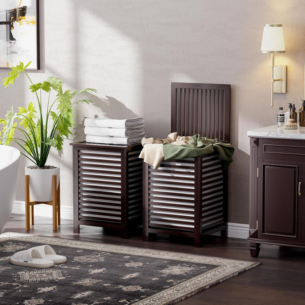 SMIBUY Double Laundry Hamper with Lid, 120L Bamboo Laundry Basket with Removable Liner Bag, 2-Section Clothes Divider Laundry Sorter for Laundry Room, Bathroom, Bedroom (Dark Brown)