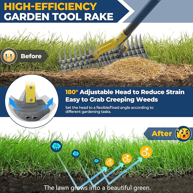 Rake, 70" Heavy Duty Metal Dethatcher Rake with 15" Wide Double-Edged Sharp Tines Thatch Rakes for Lawns,Mulch Dead Grass Removal, Loosening Soil,Lawn Care, Dethatching,Yard,Garden