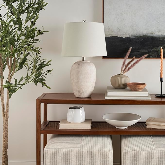 Nourison Home 23" Distressed Cream/Beige Rustic Ceramic Jar Table Lamp for Bedroom, Living Room, Dining Office, with Ivory Shade