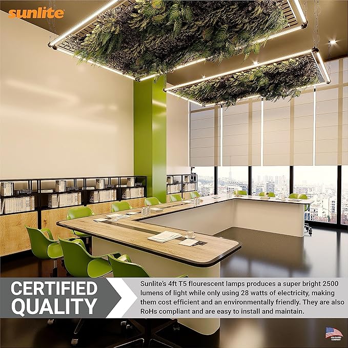 Sunlite 30335 F28T5/835 4 Foot T5 Linear Fluorescent Lamp, 28 Watts, 2500 Lumens, 3500K Neutral White, Miniature G5 Bi-Pin Base, ROHS Compliant, High Performance Straight Tube, 40 Pack