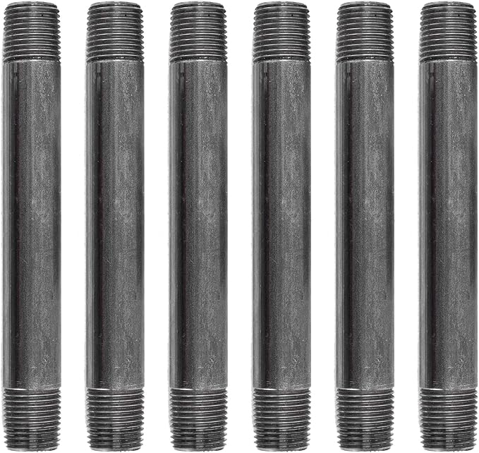 PIPE DÉCOR 1/2” x 9” Malleable Cast Iron Pipe Nipple, Pre-Cut Connectors, Industrial Steel Grey Fits Standard Half Inch Black Threaded Pipes Nipples and Fittings, Build Vintage DIY Furniture, 6 Pack