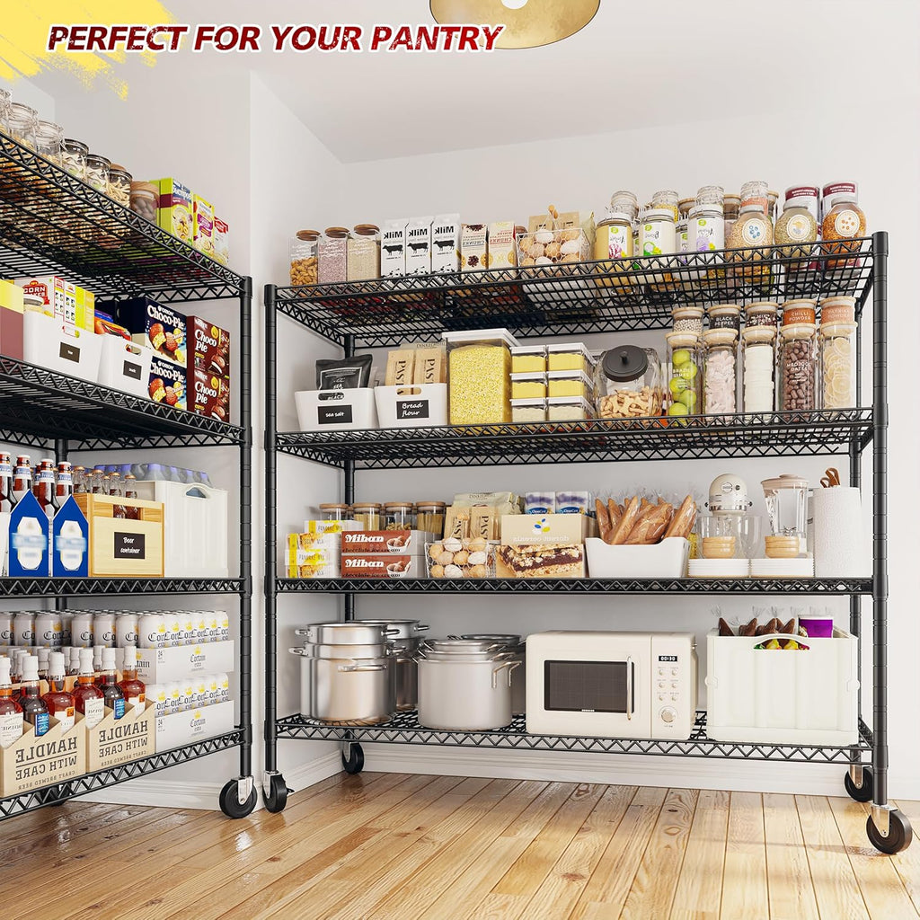 REIBII 75.6" H Storage Shelves Wire Shelving Unit with Wheels 2500LBS Garage Shelving Heavy Duty Metal Shelves for Storage Rack Adjustable Pantry Shelf Commercial Shelving, 75.6" H X 55.5''W X 24" D