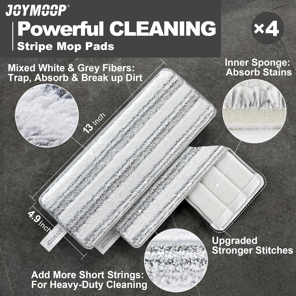 JOYMOOP Flat Mop Pads, Microfiber Mop Cleaning Pads, Washable Pads, Pads Replacement for Flat Mop or Mop Bucket Set, Pack of 4 Refills 13inch - Stripe