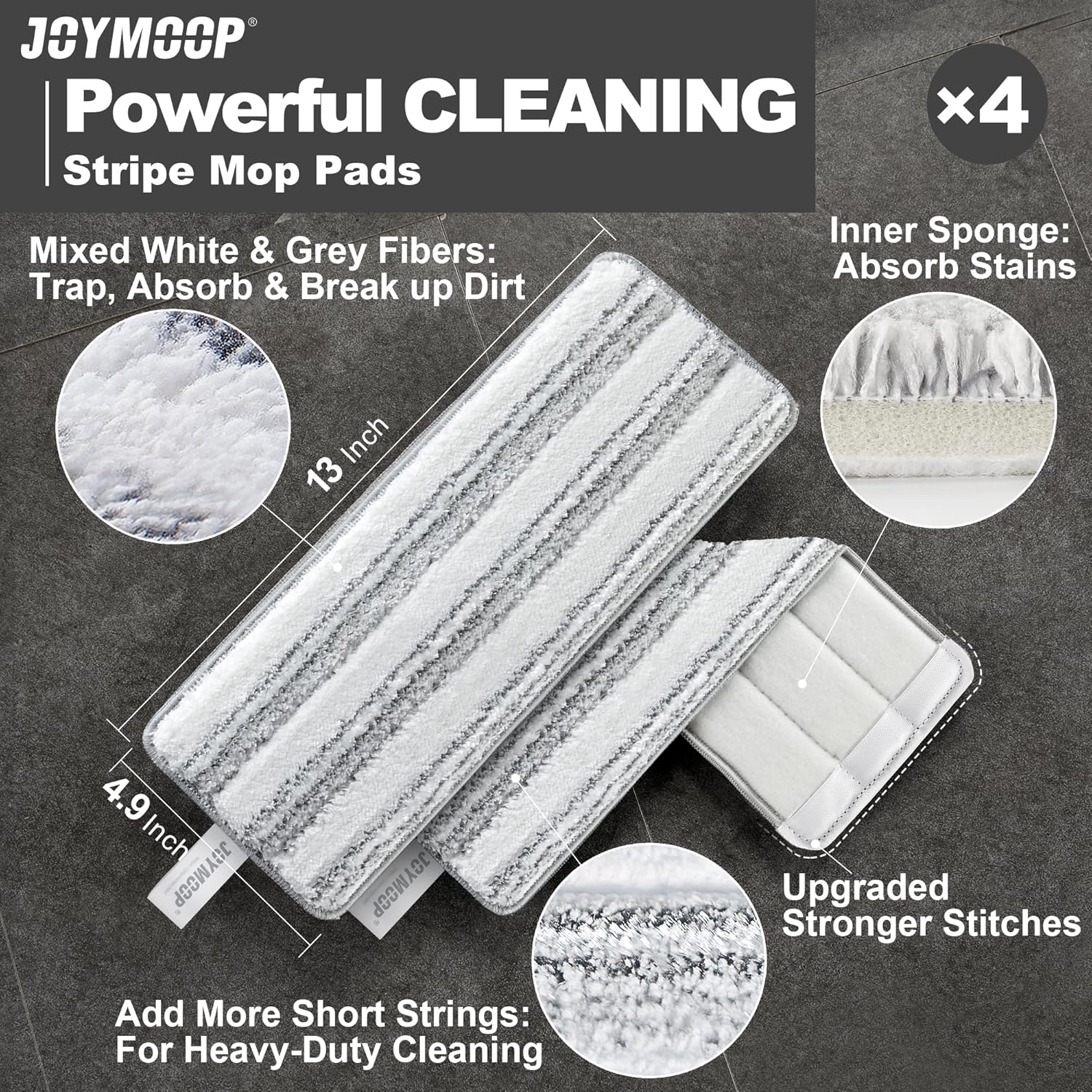 JOYMOOP Flat Mop Pads, Microfiber Mop Cleaning Pads, Washable Pads, Pads Replacement for Flat Mop or Mop Bucket Set, Pack of 4 Refills 13inch - Stripe