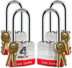 Lion Locks 4 Keyed-Alike Padlocks w/ 2” Long Shackle, 8 Keys, Hardened Steel Pad Lock, Pick Resistant Brass Pin Cylinder (Pack of 4)