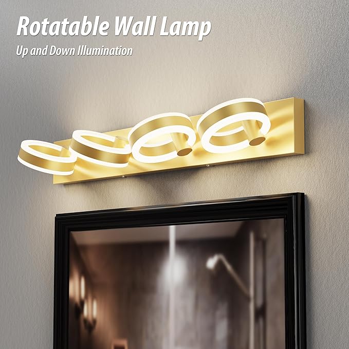LED Bathroom Light Fixtures, 33inch Gold Vanity Lights, Modern 4 Light Acrylic Wall Sconces, 350° Rotatable Wall Lighting Fixture Over Mirror