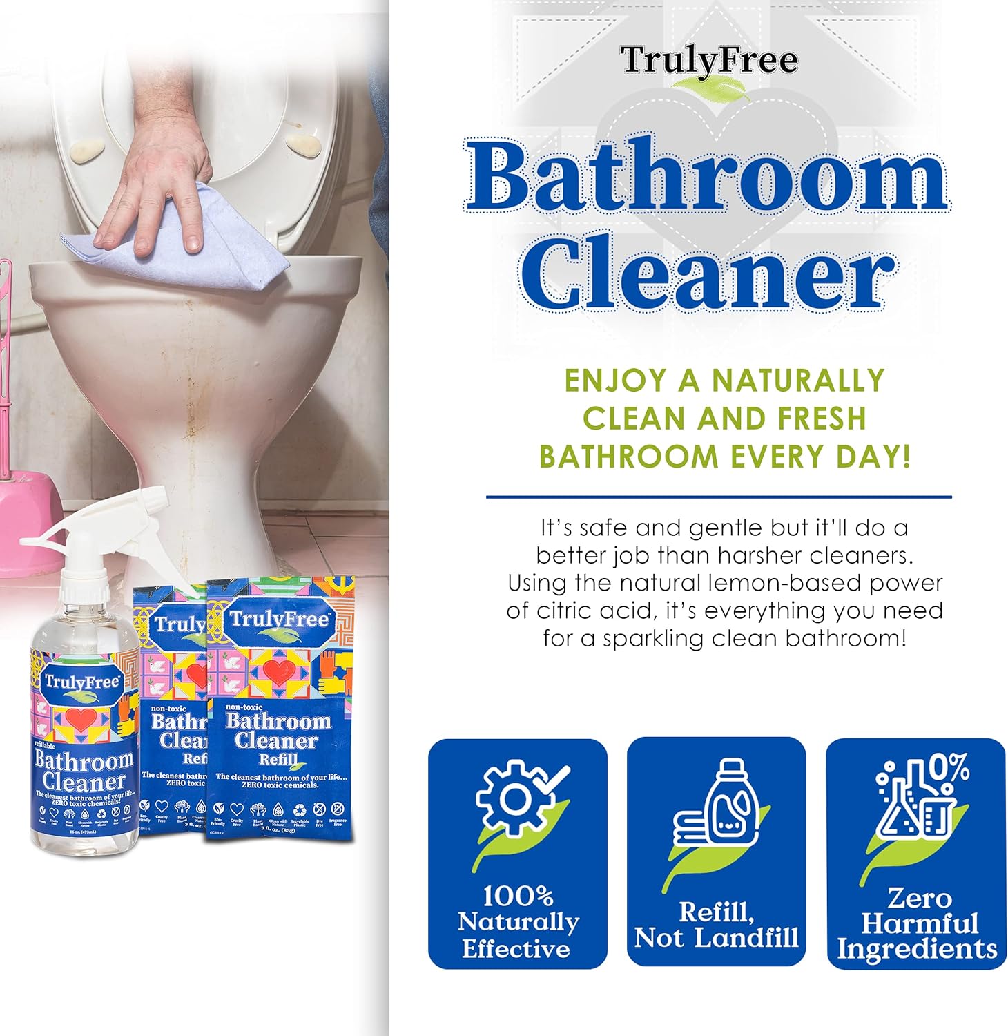 2-Pack TrulyFree Bathroom Cleaner - Cleaning Spray, for Toilet, Sink, Tub, Shower - Includes: 16-oz Spray Bottle, One refill pouch used for initial fill and one pouch for Refill when needed (3 oz)