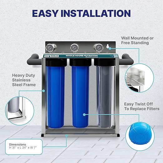 Nu Aqua 3-Stage Whole House Water Filter System with Pressure Gauges - 20” x 4.5” Home Water Filtration System - Sediment, Granular Carbon, Carbon Block Filters - Main Line Home Water Filter System