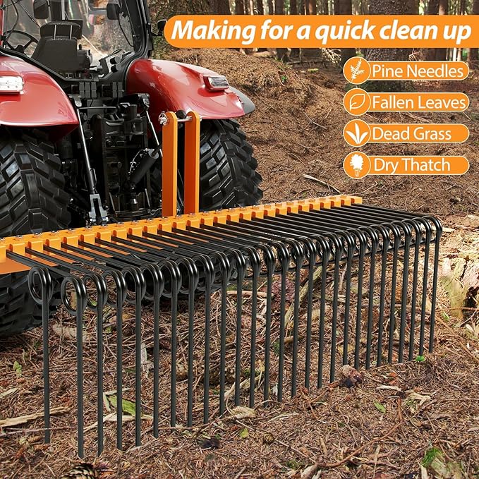 72 Inch 3 Point Tractor Rake, Pine Straw Needle Rake, Durable Powder Coated Steel Spring Landscape Rakes Fit for Cat0, Cat1, Orange