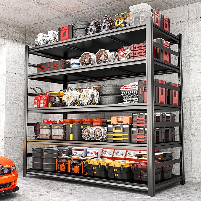 Garage Shelving Units, Heavy Duty 5-Tier Storage Shelves, Metal Adjustable Storage Rack, Steel Shelves, 2750 lbs Capacity, Industrial Shelving for Heavy Tools (Black, 23.62"Dx47.24"Wx87.87"H, 5-tier)