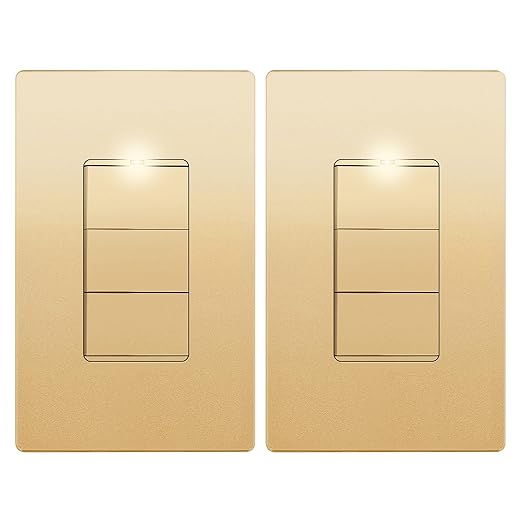 LIDER Matte Finish Lighted Triple Switch with Screwless Wall Plate, Combination Frameless Decorator Switch with Locator Light, Ground Terminal Single Pole, 15A 120V, UL Listed, Gold, 2 Pack