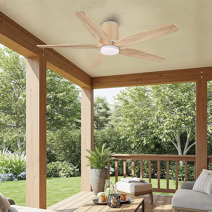 54" Ceiling Fan with Light - Low Profile Flush Mount Ceiling Fan, 6-Speed Remote Control, Solid Wood, Quiet Reversible DC Motor, Wood/White Finish, for Bedroom, Living Room, Porch