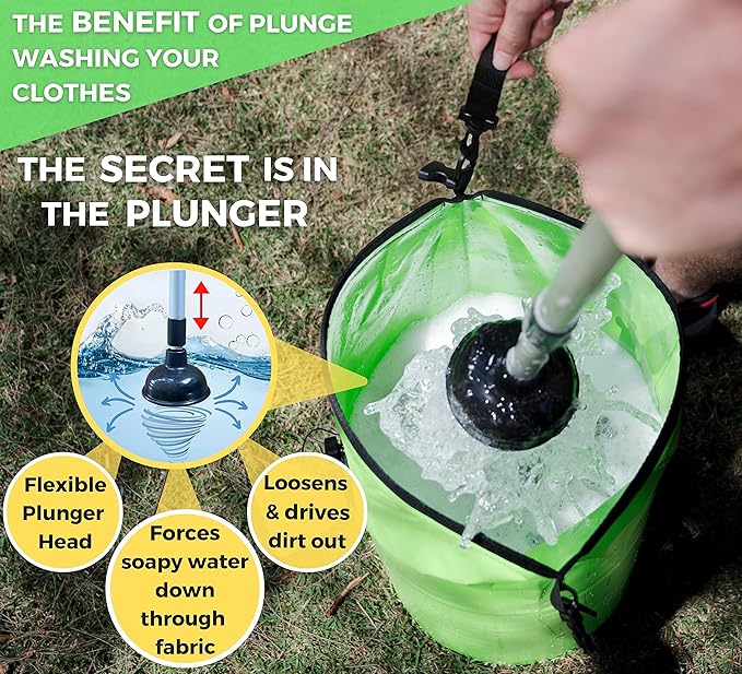 One Hand Wash Bag and Plunger Set - Off Grid Washing Machine Non Electric for Camping Travel | Eco Friendly Portable Manual Clothes