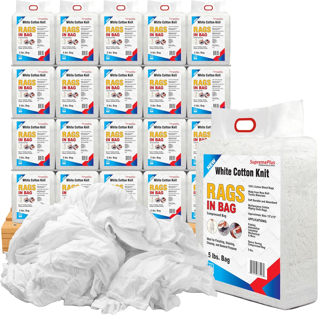Premium White T-Shirt Cleaning Rags (600 lbs. Pallet 120x5 lbs. Bag) – White Cotton Rags for Cleaning, Staining, Painting, Oil, Grease & Dust Removal – Shop Rags Bulk for Multipurpose use