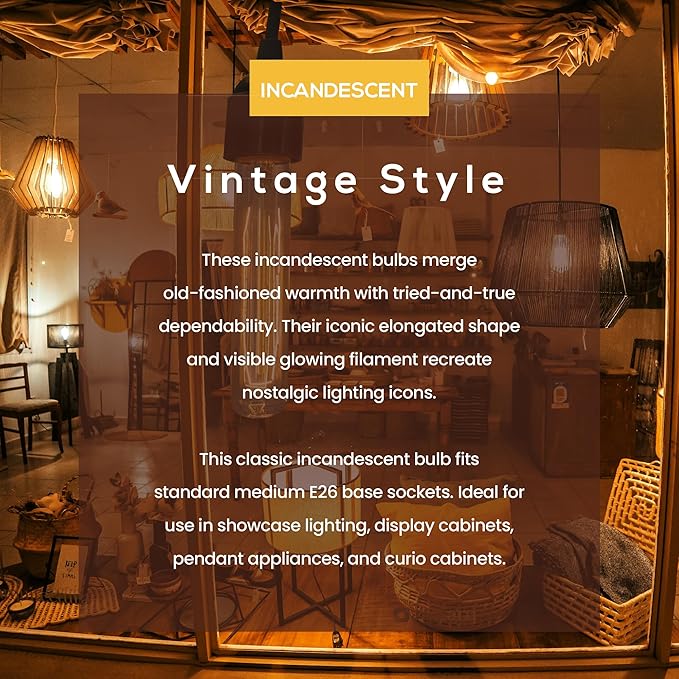 4 Pack T10 7.3 Inch Long Tubular Light Bulbs, 40W Bulb, Clear Incandescent, E26 Medium Base, Warm White, Dimmable Vintage Tubular Style Showcase Bulb