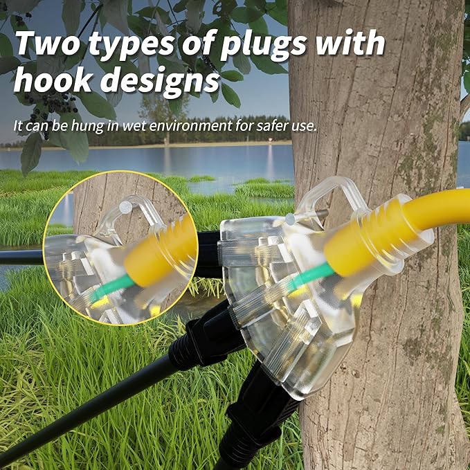 100 FT 12/3 Gauge Outdoor Extension Cord with Multiple Outlets Light Indicator, Flexible 3 Outlet Weatherproof Heavy Duty Extension Cord Waterproof Yellow, 15A 1875W 12AWG SJTW, ETL Listed