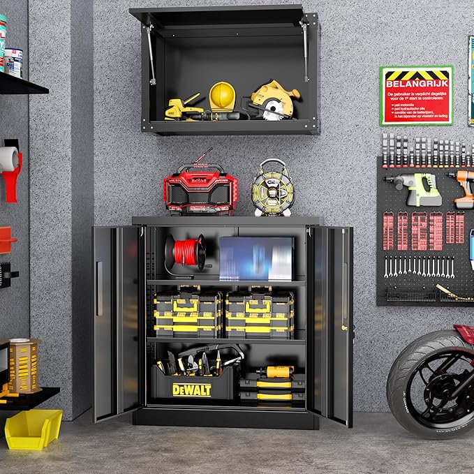 Greenvelly Metal Storage Cabinet, 36" Locking Storage Cabinet with Doors and Shelves, Lockable Storage Cabinets for Home Office, Utility Locker Cabinet, Steel Garage Cabinet with 2 Keys, Black