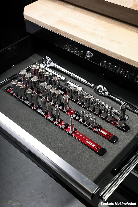 ARES 70202-3/8-Inch Drive Red Aluminum Socket Organizer - Store up to 16 Sockets and Keep Your Tool Box Organized - Sockets Will Not Fall Off this Rail