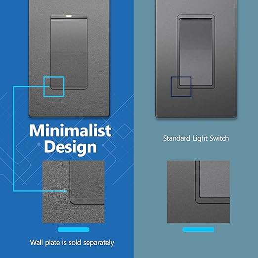LIDER Minimalist Design Matte Finish Lighted Decorator Switch, Frameless Paddle Light Switch with Locator Light, Grounding Screw, 15A 125V, UL Listed, LS15-1P-SG, Space Gray