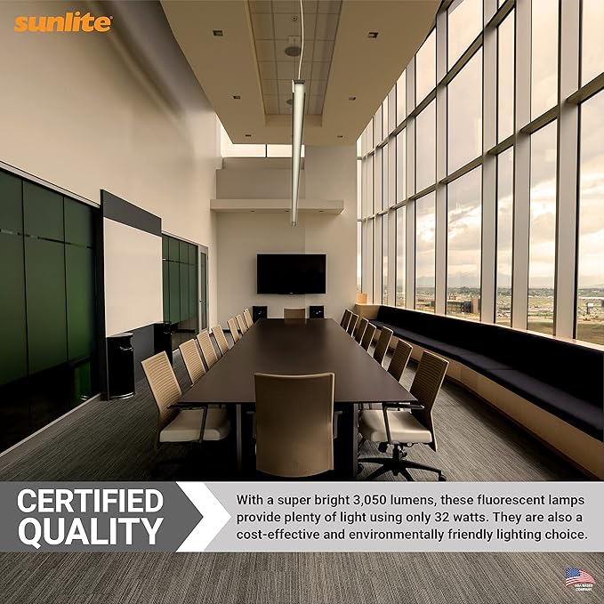 Sunlite F32T8/SP835 T8 Linear Fluorescent Lamp, 32 Watts, 3050 Lumens, 3500K Neutral White, Medium G13 Bi Pin Base, High Performance Straight Tube, 30 Pack