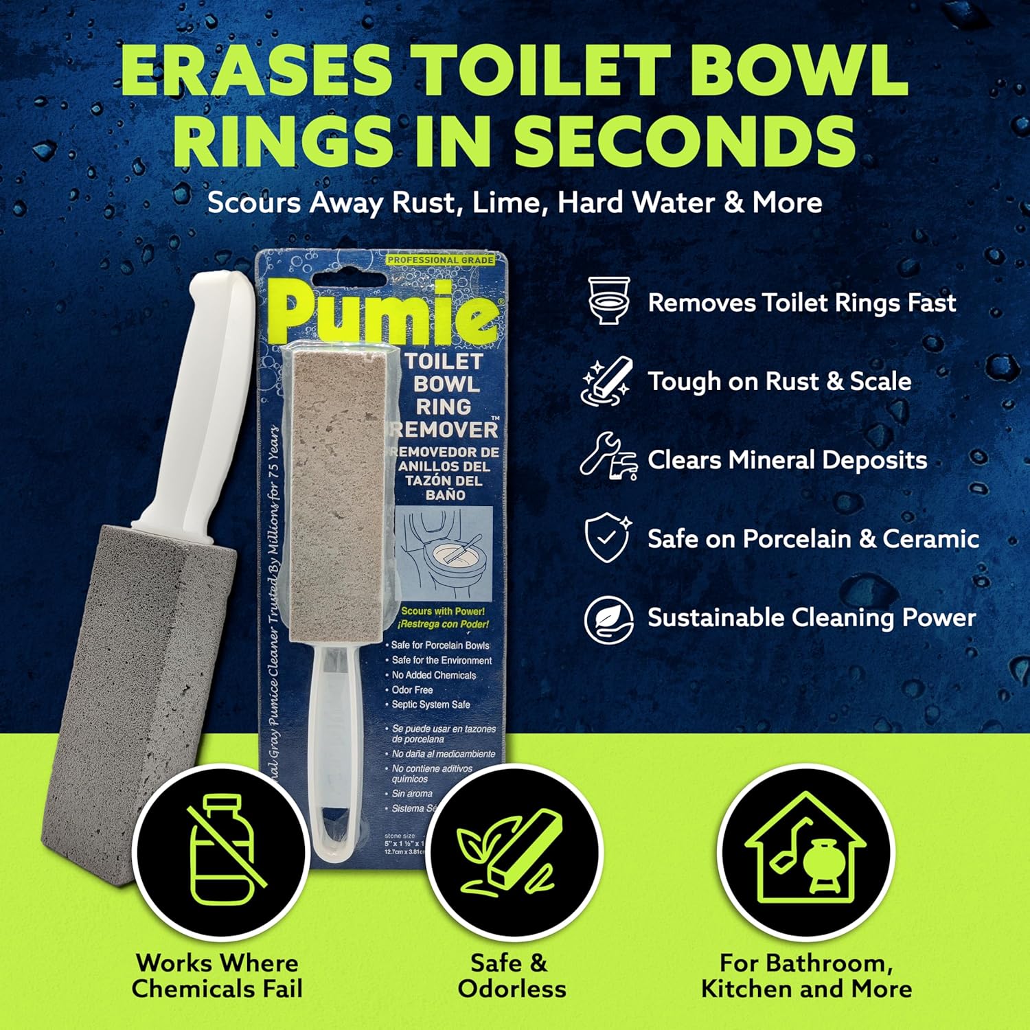 PUMIE Pumice Stone Toilet Bowl Cleaner (2-Pack) - Toilet Pumice Stone with Handle - Heavy Duty Scouring Stick for Rings, Bowls, Hard Water Stains, Lime, Rust, Sink - Includes Handle for Easy Use