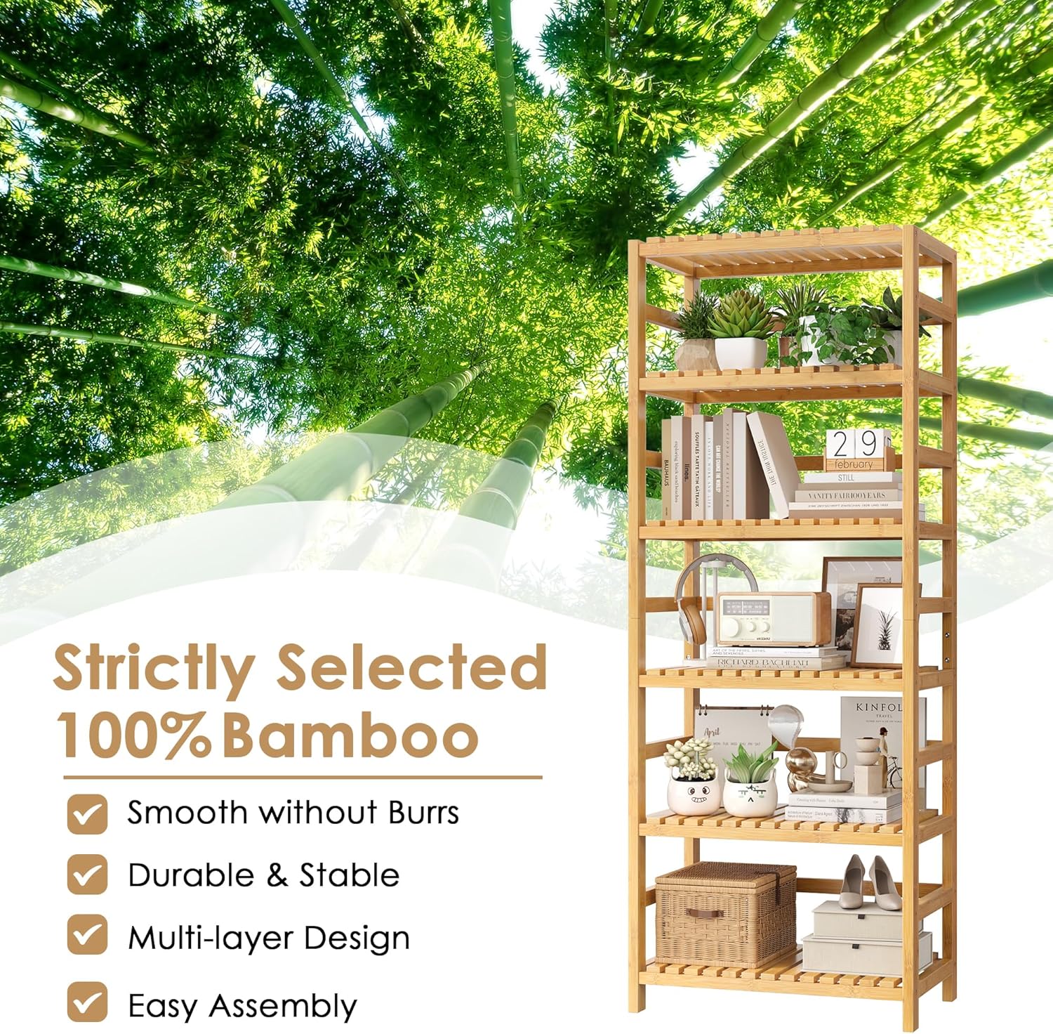 FOTOSOK 6-Tier Bamboo Shelf Set of 2, Bamboo Bookcase with Adjustable Shelves, Free Standing Storage Shelf Unit and Plant Flower Stand, Tall Large Bookshelf for Kitchen, Bathroom, Home Office, Natural