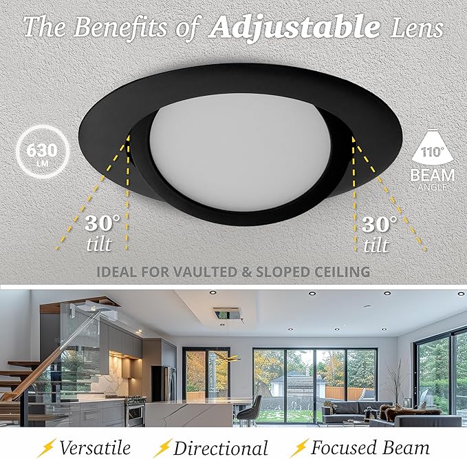 NUWATT Black 4 Inch Gimbal LED Recessed Lighting, 2700K/3000K/3500K/4000K/5000K Selectable, 630LM, Dimmable, Damp Rated, Adjustable Lens Canless Lights for Sloped Ceiling, Metal Junction Box, 6 Pack
