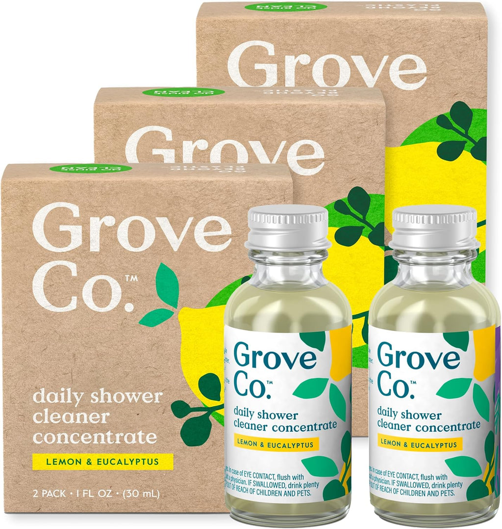 Grove Co. Daily Shower Cleaner Refill Concentrate (6 x 1 Fl Oz), Creates 16 Oz Cleaner, Removes Soap Scum, Scrub-Free, Plant-Based Household Cleaning Supplies, Lemon & Eucalyptus Fragrance