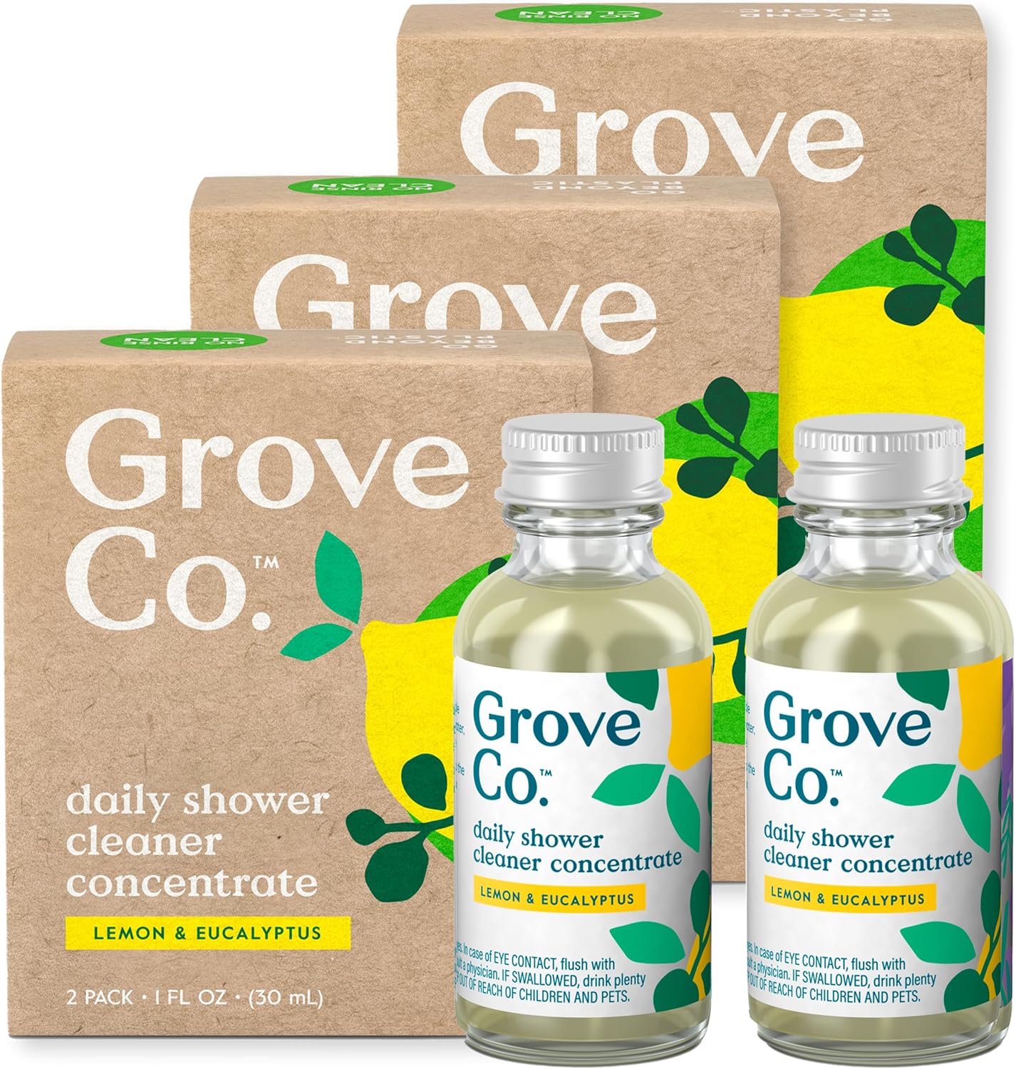 Grove Co. Daily Shower Cleaner Refill Concentrate (6 x 1 Fl Oz), Creates 16 Oz Cleaner, Removes Soap Scum, Scrub-Free, Plant-Based Household Cleaning Supplies, Lemon & Eucalyptus Fragrance