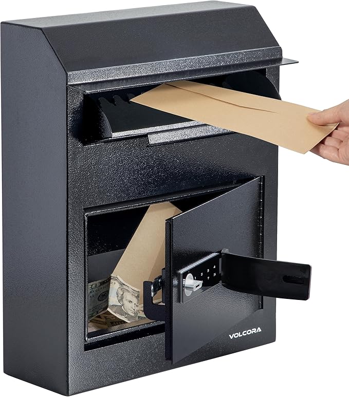 Volcora Key Drop Box with Lock, Drop Slot Depository Safe Box Digital Keypad, Outdoor Waterproof Money Drop Safe for Business, Cash Drop Box, Wall Mount Mailbox, Electronic Programmable Lock, Black