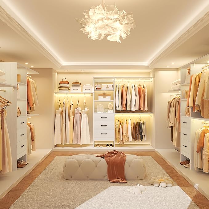 8FT Closet System, 96'' Closet Organizer System with 3 Hanging Rods, Wall Mount Bedroom Wardrobe with 3 Drawers Walk-in Closet, Adjustable Cloth Garment Rack from 5 to 8FT (Cut to Fit), White&Grey Oak