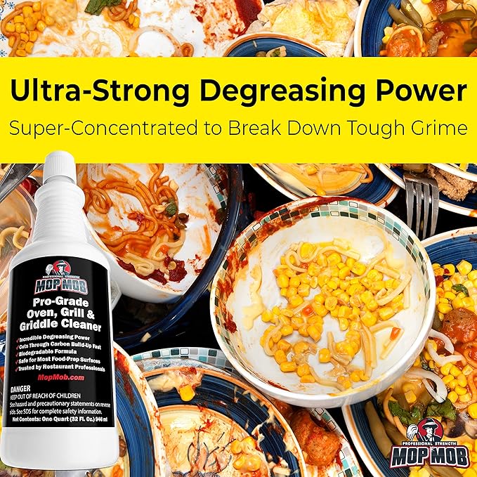 Commercial Grill and Oven Cleaner 32oz Concentrate 4pk. Heavy-Duty Fast-Acting Degreaser Solution Removes Carbon, Grime, Burnt Food and Oil for Griddles Fryer Baskets and Kitchen Cooking Surfaces.