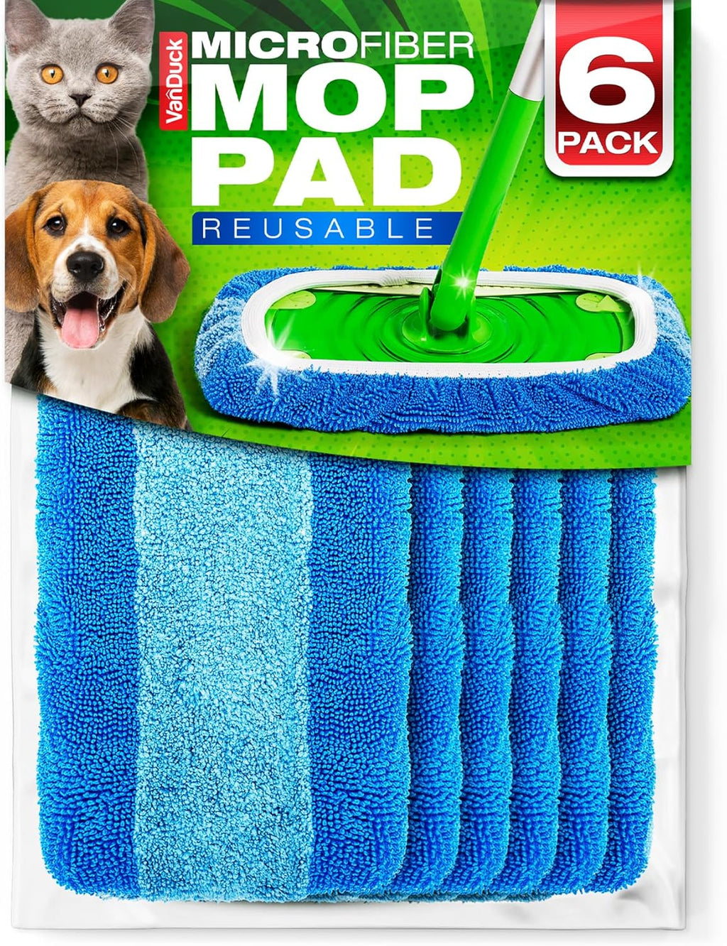 VanDuck Reusable Pet Heavy Duty Mop Pads Compatible with Swiffer Sweeper (6-Pack) - Washable Microfiber Mop Pads for Wet & Dry Use - All Purpose Floor Mopping and Cleaning Product