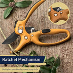 Kings County Tools Ratcheting Hand Pruner | Extra Cutting Strength | Adjust Grip to Activate Ratchet Mechanism | Cast Aluminum with Rubber Grip on Handle | Carbon Steel Blade