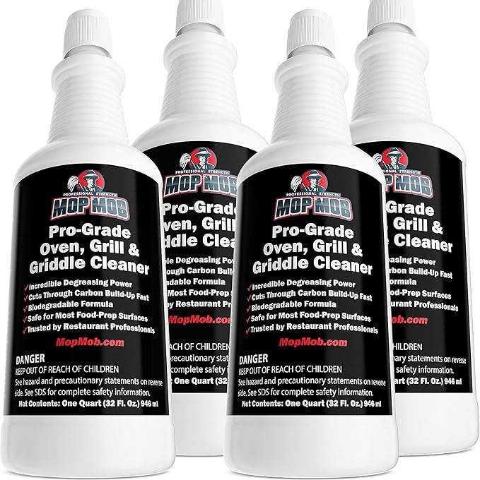 Commercial Grill and Oven Cleaner 32oz Concentrate 4pk. Heavy-Duty Fast-Acting Degreaser Solution Removes Carbon, Grime, Burnt Food and Oil for Griddles Fryer Baskets and Kitchen Cooking Surfaces.
