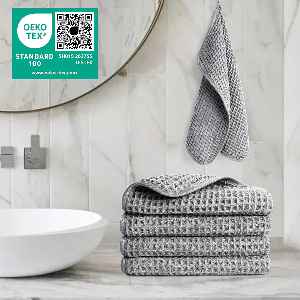 POLYTE Microfiber Lint Free Washcloth Face Towel, 13 x 13 in, 4 Pack (Waffle Weave)