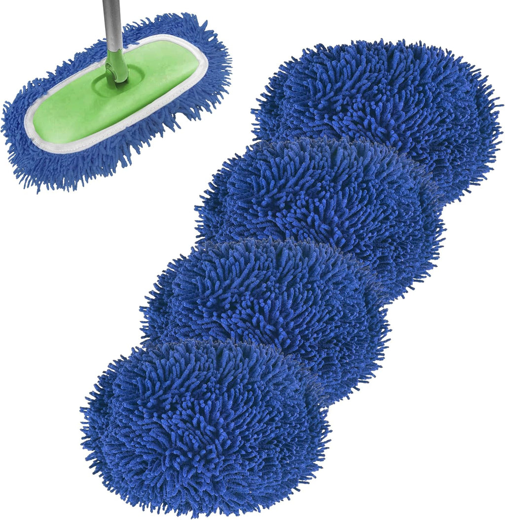Reusable Microfiber Chenille Mop Pads Compatible with Swiffer Sweeper, Dry Sweeping Cloths & Wet Mopping Cloths, Refills for Hardwood Surface Floor Cleaning, 4 Pack (Blue)