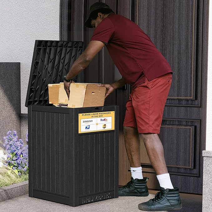 Upgrade 48 Gallon Package Delivery Box for Porch with Sign, Outdoor Storage with Lockable Secure, Large Double Wall Resin Outdoor Package Delivery and Waterproof